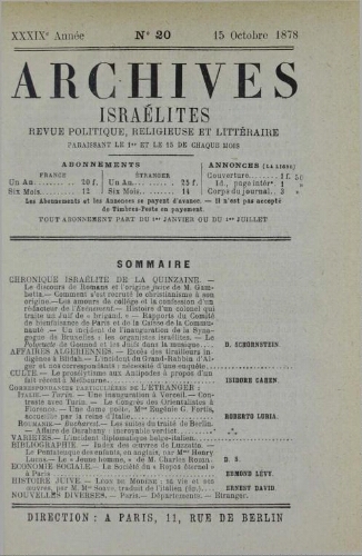 Archives israélites de France. Vol.39 N°20 (15 oct. 1878)